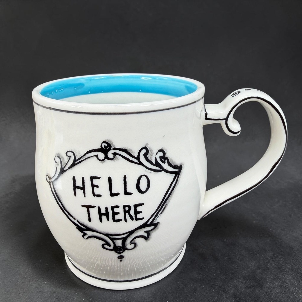 Molly Hatch Hello There Coffee Mug White Blue Striped Interior Ceramic Cup 4in